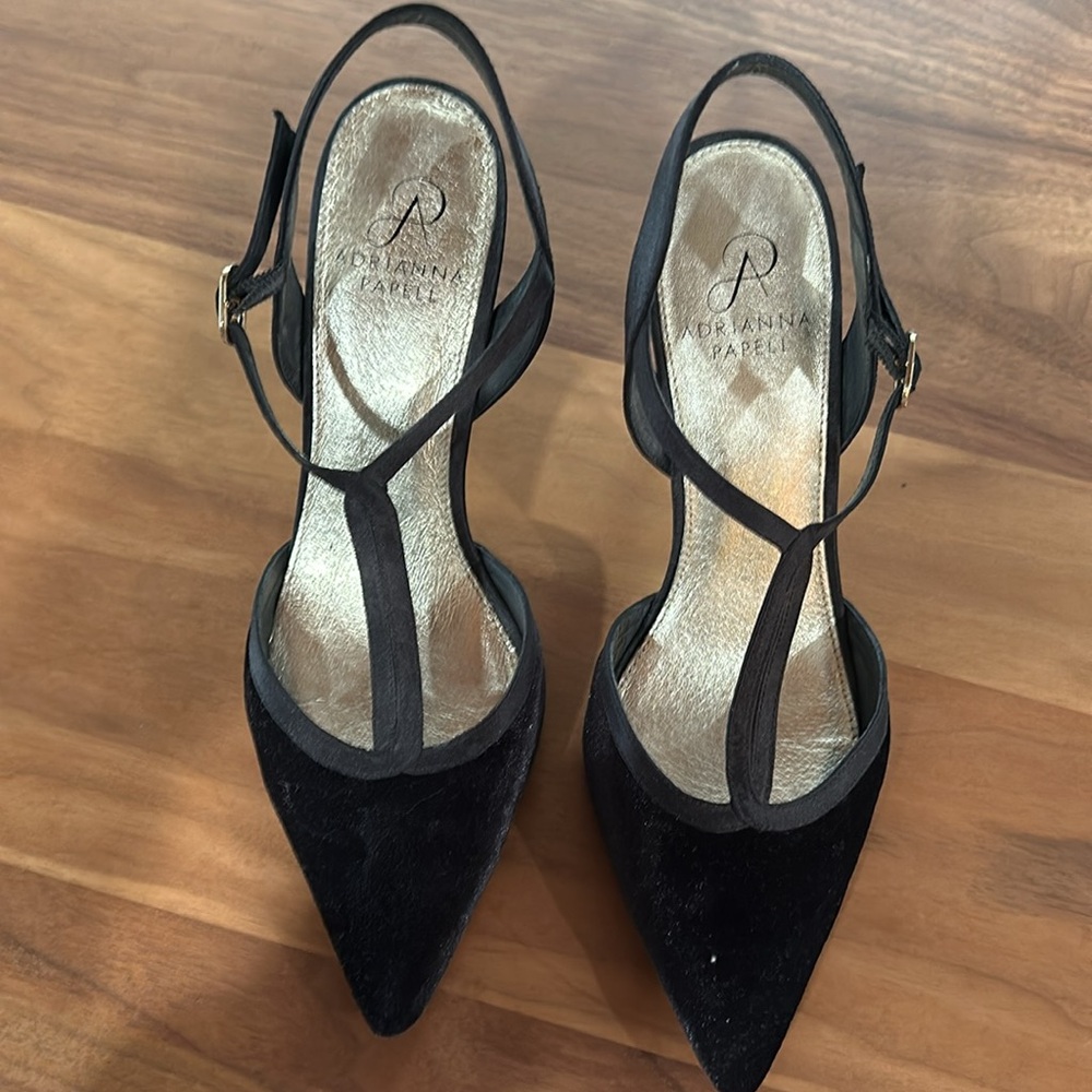 Adrianna Papell black suede t-strap 3 inch pump. Worn once size 7.5